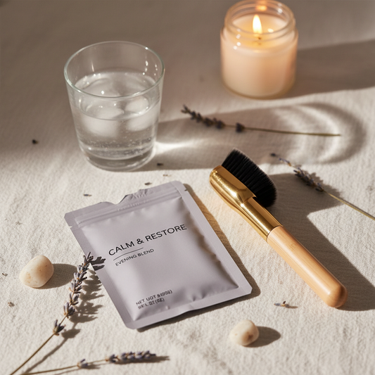 Calming drink mix and facial cleansing brush styled on white linen with candles and lavender