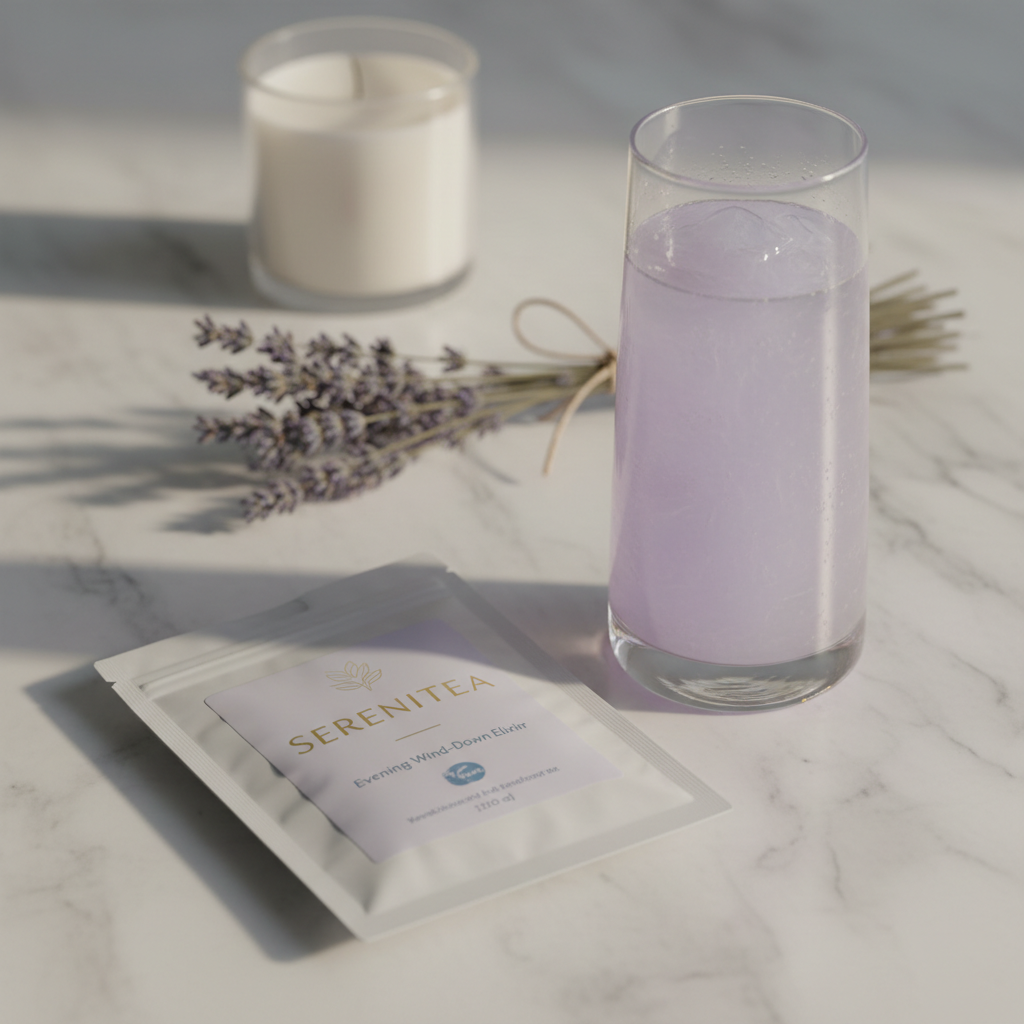 Calming drink mix sachet on marble surface with lavender and candle in evening light