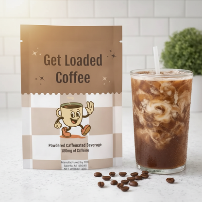 Protein coffee packet on marble countertop with iced coffee and coffee beans