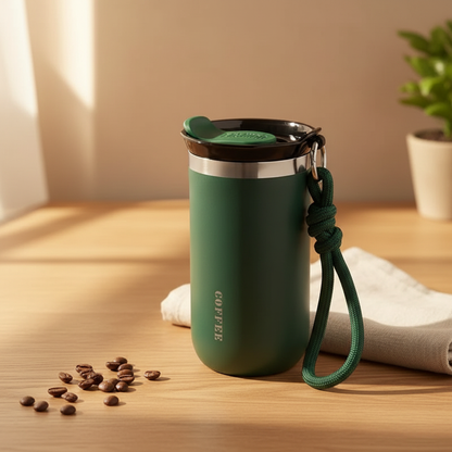 Vacuum insulated coffee tumbler on oak surface with warm morning light
