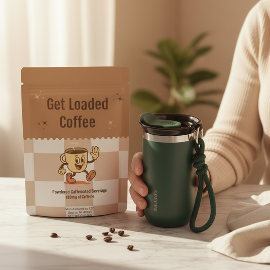 Protein coffee packet and vacuum tumbler styled on marble countertop with warm morning light