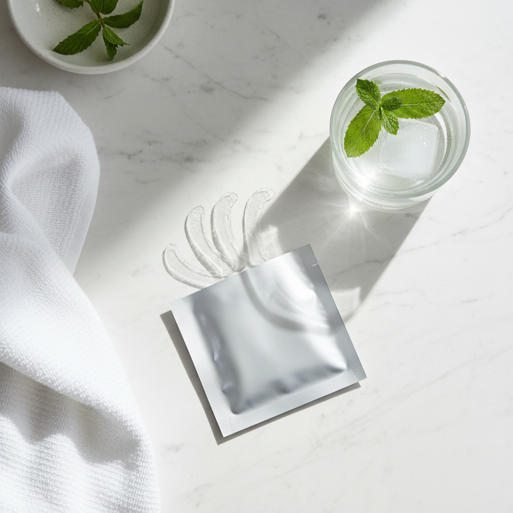 Teeth whitening strips on marble surface with mint and water